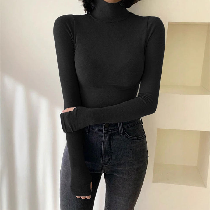 Women Fitted Turtleneck Long Sleeve Made of Ribbed Knit with Thumbhole Mune Fashion
