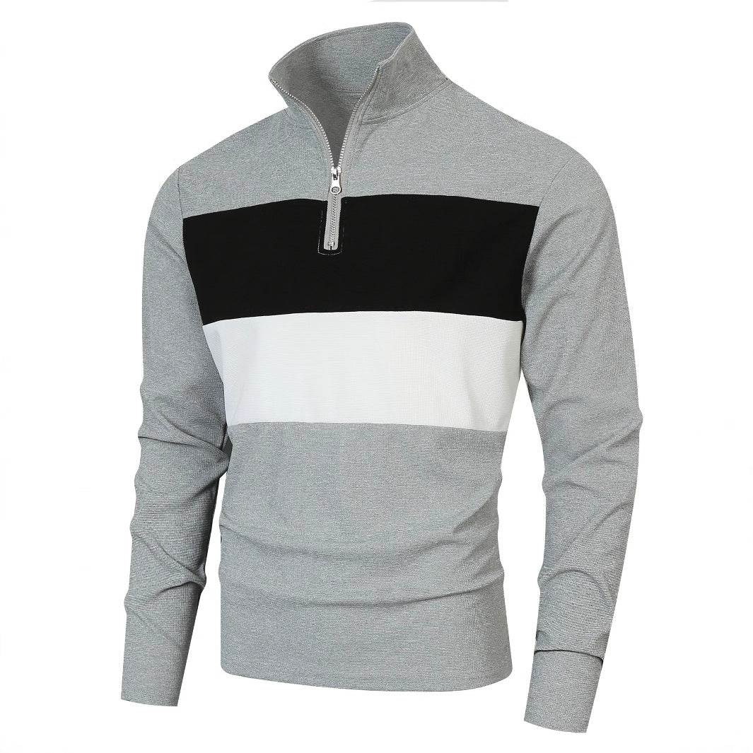 Men's half-zip pullover with stand-up collar, wide block stripe, and finely ribbed texture Mune Fashion