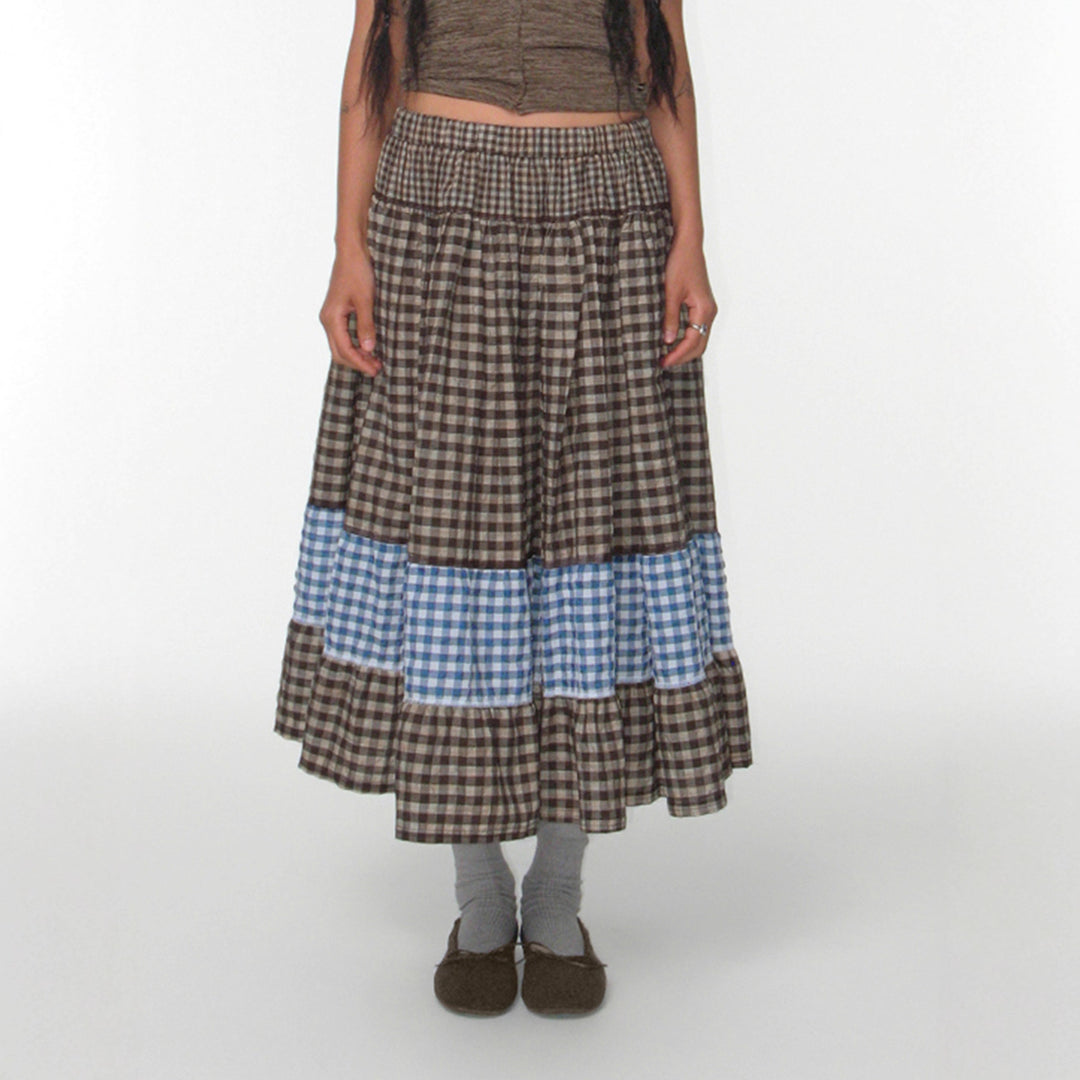 Women's multi-layered cotton tiered skirt with elastic waistband, contrasting gingham ribbon and ruffle Mune Fashion