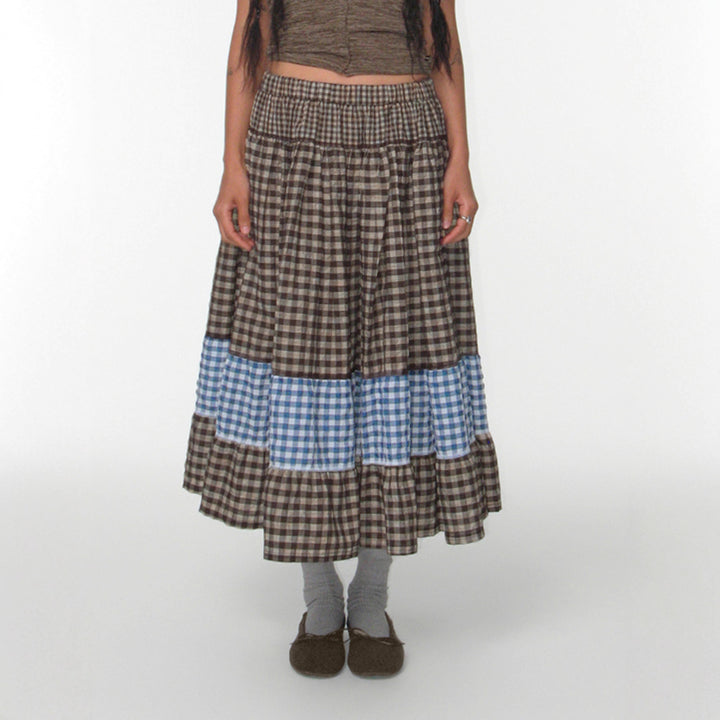 Women's multi-layered cotton tiered skirt with elastic waistband, contrasting gingham ribbon and ruffle Mune Fashion