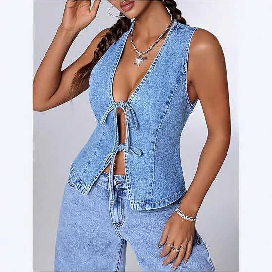 Women's Fitted Denim Vest with V-Neck and Tie Detail Mune Fashion