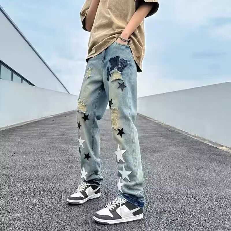 Men's Casual Distressed Jeans with Star Appliqués Mune Fashion