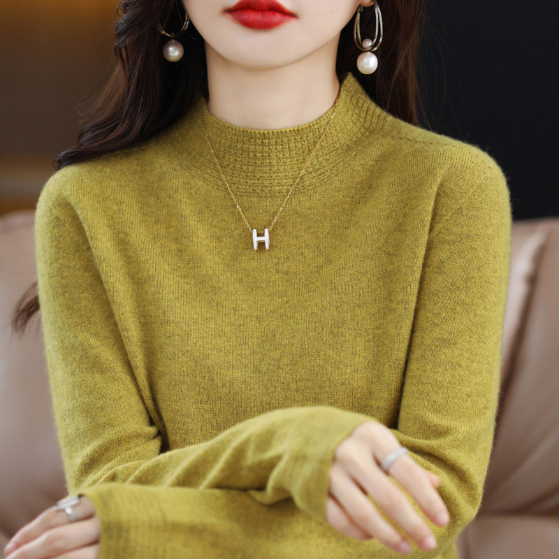 Women Light Fine Knit Mock Neck Sweater with Structured Collar Trim Mune Fashion