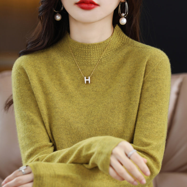 Women Light Fine Knit Mock Neck Sweater with Structured Collar Trim Mune Fashion