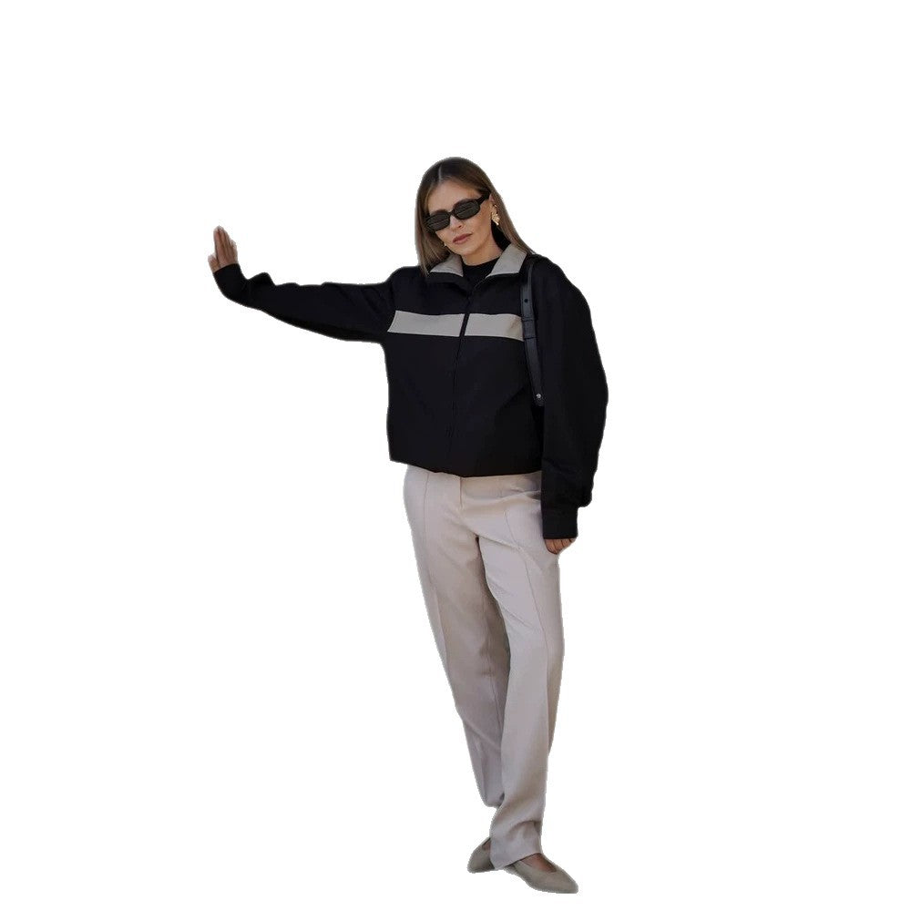 Women's Cropped Bomber Jacket with Contrast Stripes, Stand Collar and Boxy Silhouette Mune Fashion