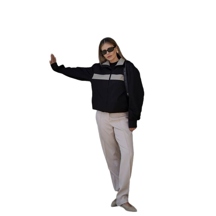 Women's Cropped Bomber Jacket with Contrast Stripes, Stand Collar and Boxy Silhouette Mune Fashion