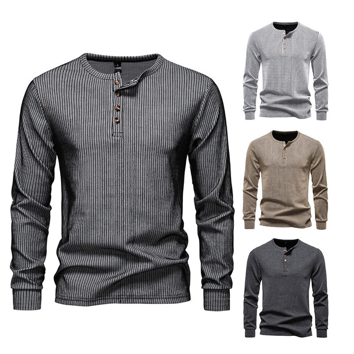 Men's Slim-Fit Ribbed Henley Long Sleeve Sweater with Round Neck and Button Placket Mune Fashion