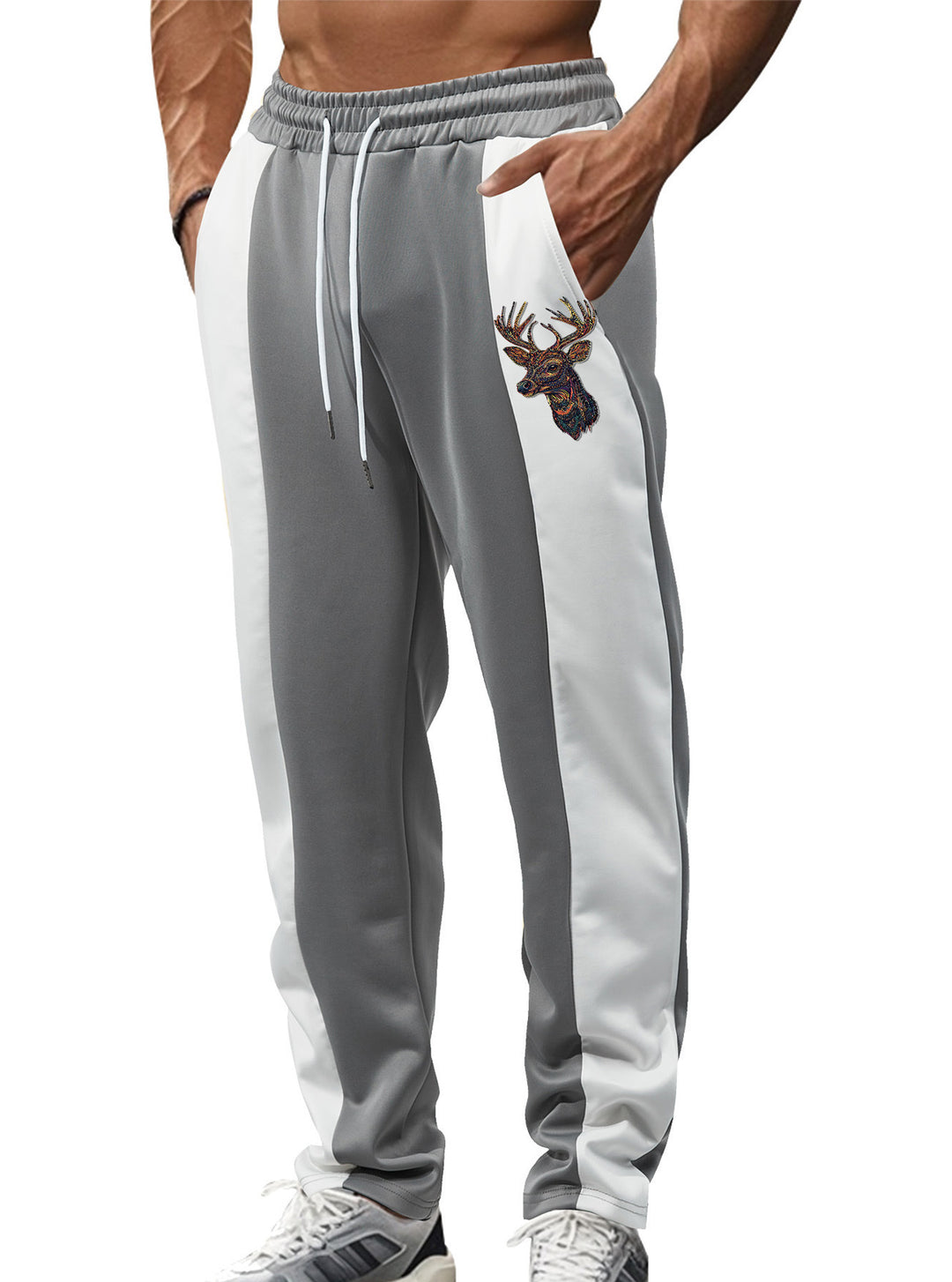 Men's sporty track pants with side contrast stripes, elastic waistband, drawstring, and deer embroidery Mune Fashion