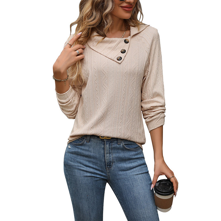Women Fine Knit Sweater with Asymmetrical Button Collar and Cable Pattern Mune Fashion