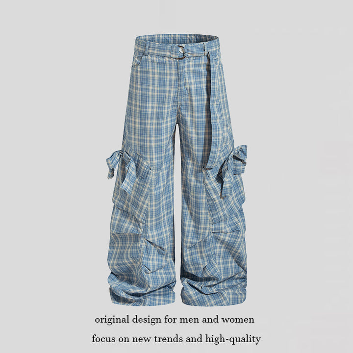 Women checked high-cut cargo pants with wide legs and ruffled pockets Mune Fashion