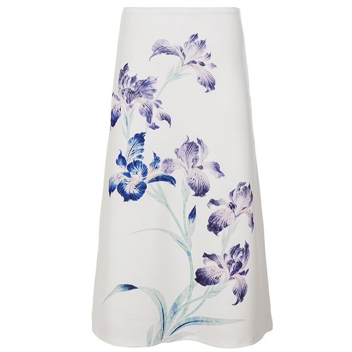 Women A-line midi skirt made of lightweight viscose blend with artistic floral print Mune Fashion