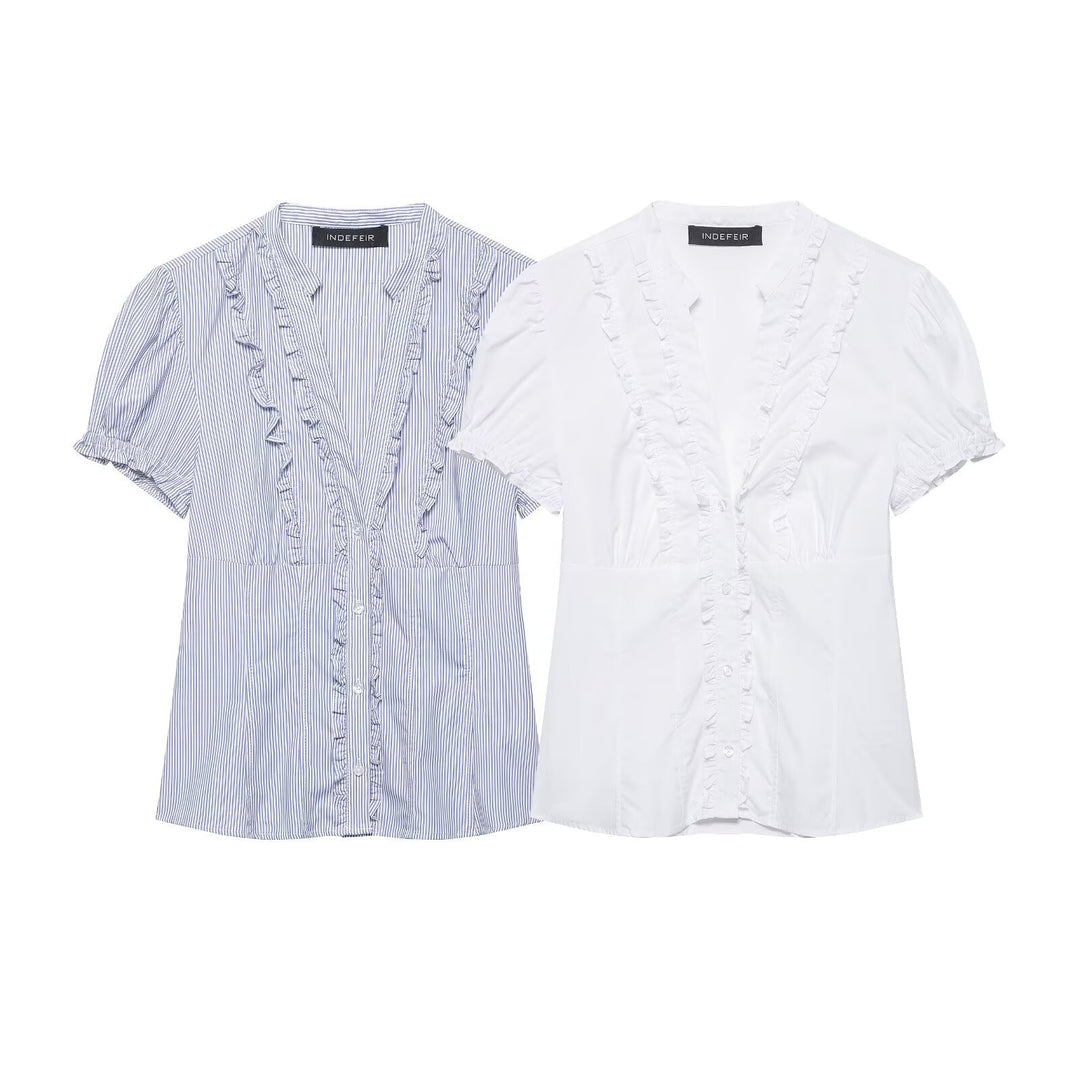 Women's ruffled blouse with V-neck, puff sleeves, and fitted cut Mune Fashion