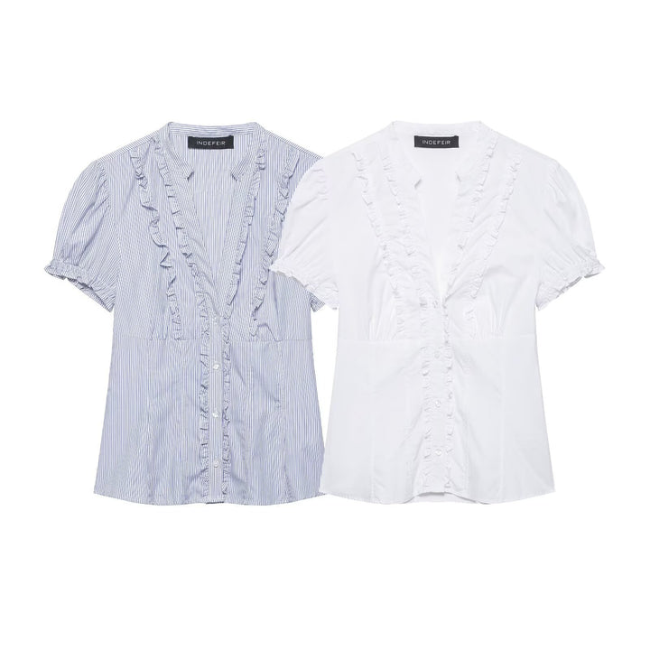 Women's ruffled blouse with V-neck, puff sleeves, and fitted cut Mune Fashion
