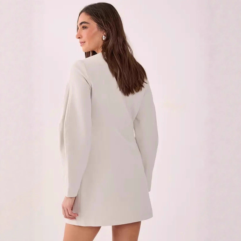 Women Tailored Blazer Mini Dress with Balloon Sleeves and Flap Pockets Drune