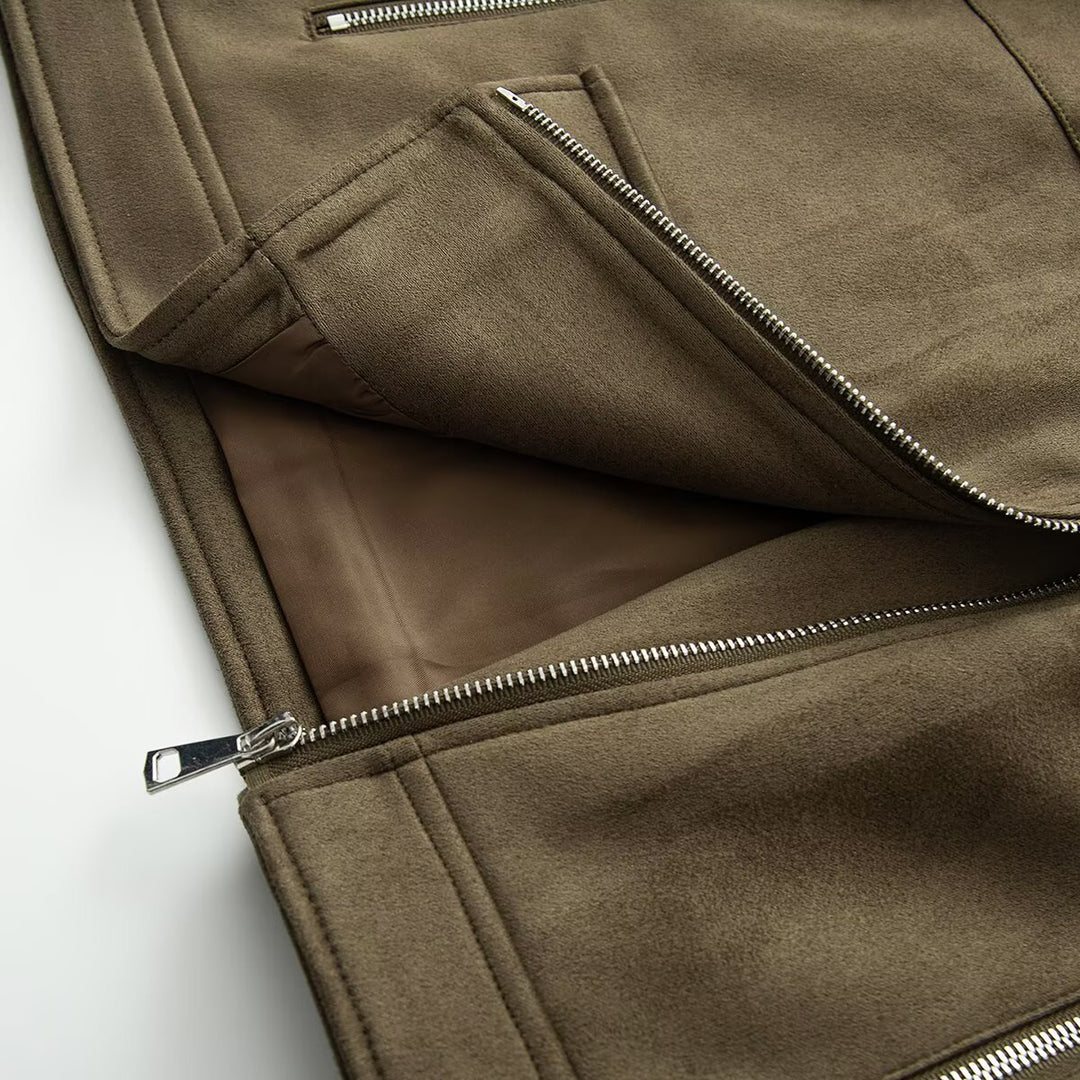 Women Asymmetrical Suede Leather Look Biker Jacket with Stand-Up Collar and Zippers Mune Fashion
