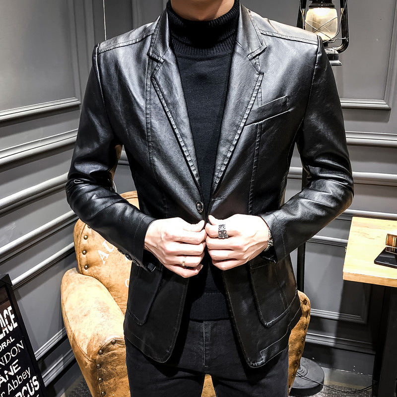 Men's Faux Leather Blazer in Slim Fit with Chest Pocket and Patch Pockets Mune Fashion