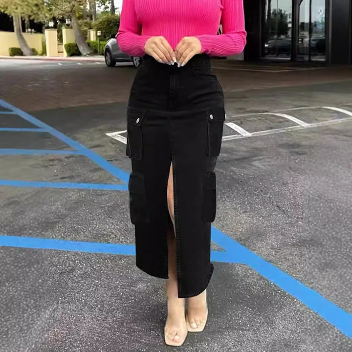 Ladies High-Waist Cargo Denim Midi Skirt with Front Slit Mune Fashion