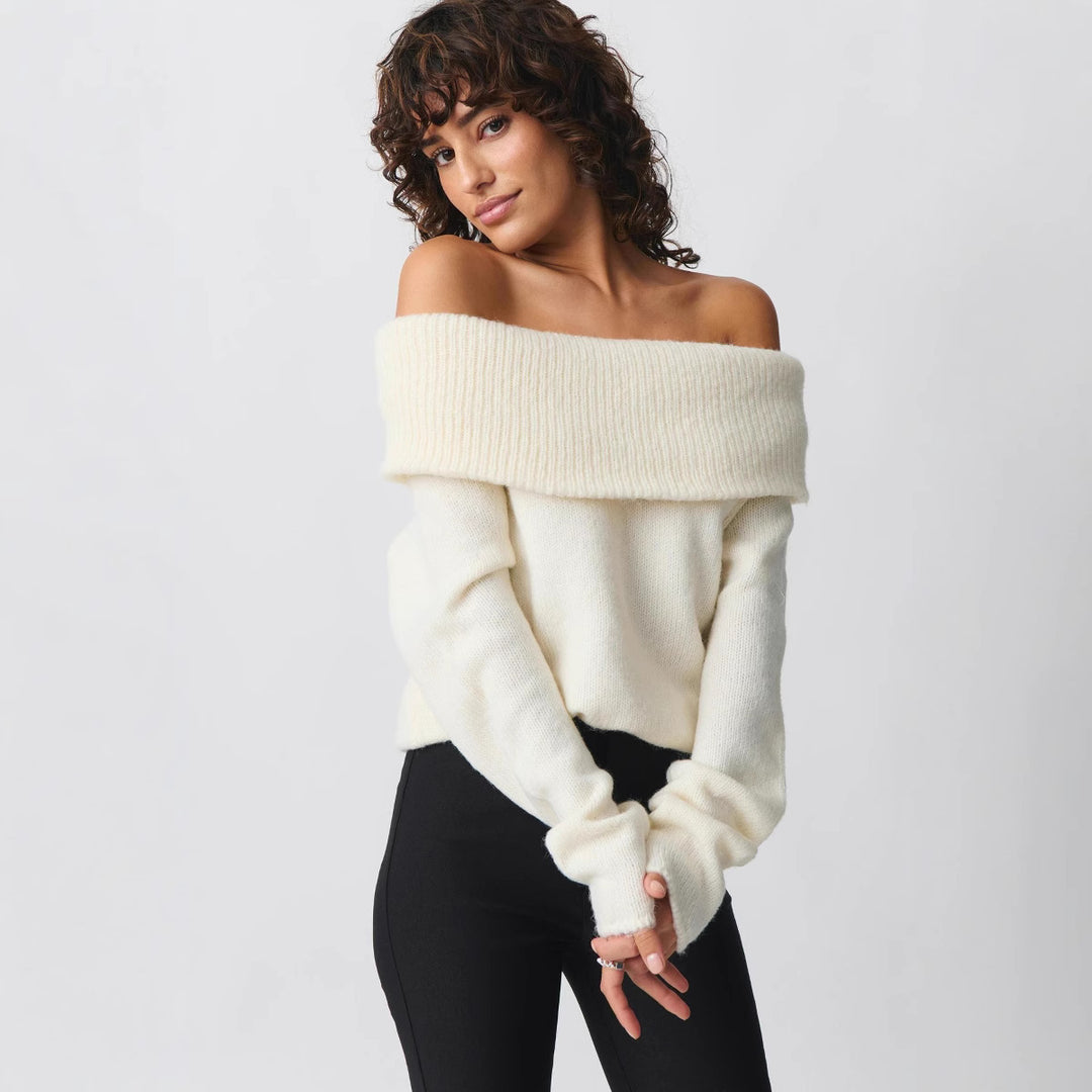 Women Off-Shoulder Chunky Knit Sweater with Wide Turn-Down Collar and Casual Oversized Fit Mune Fashion