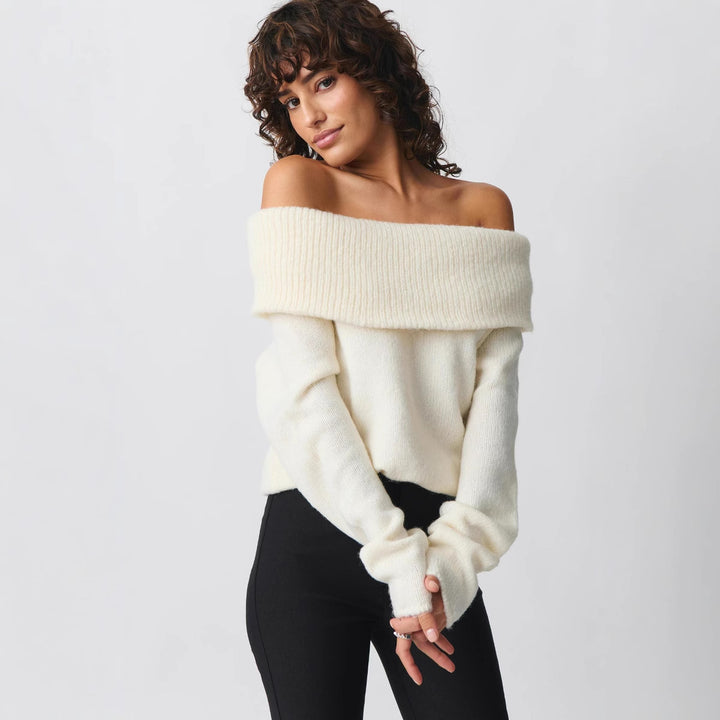 Women Off-Shoulder Chunky Knit Sweater with Wide Turn-Down Collar and Casual Oversized Fit Mune Fashion