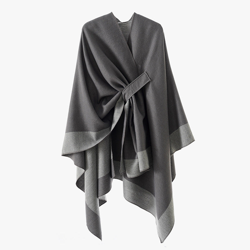 Women Soft Knit Poncho with Belt and Contrast Edge Mune Fashion