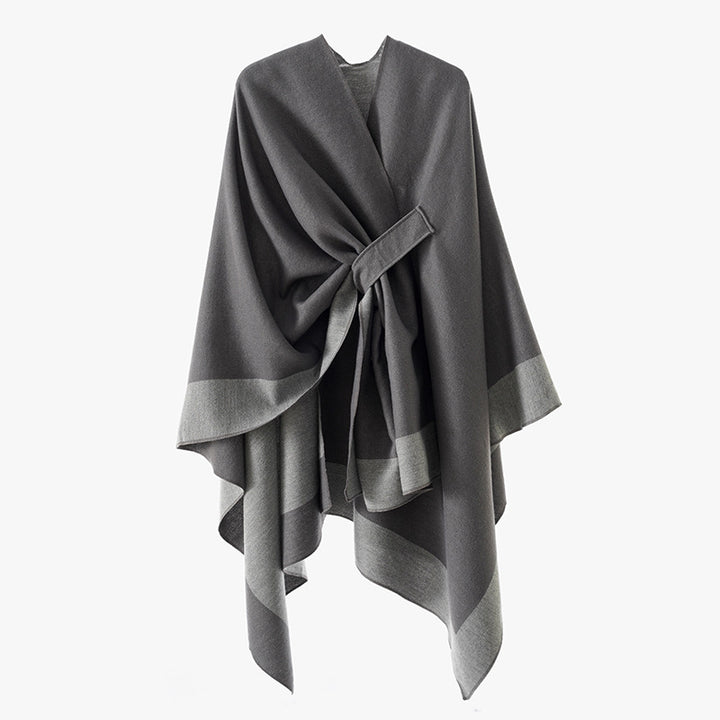 Women's loosely cut cape made of wool blend with tie belt and contrasting edges Mune Fashion