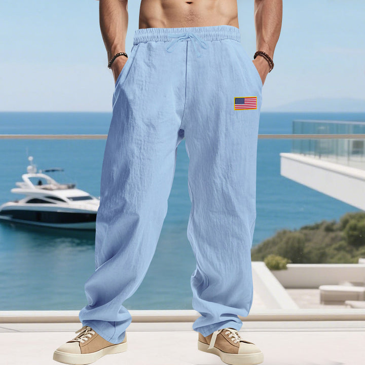 Men's Maritime Relaxed-Fit Linen-Look Casual Pants with Drawstring & Flag Patch Mune Fashion