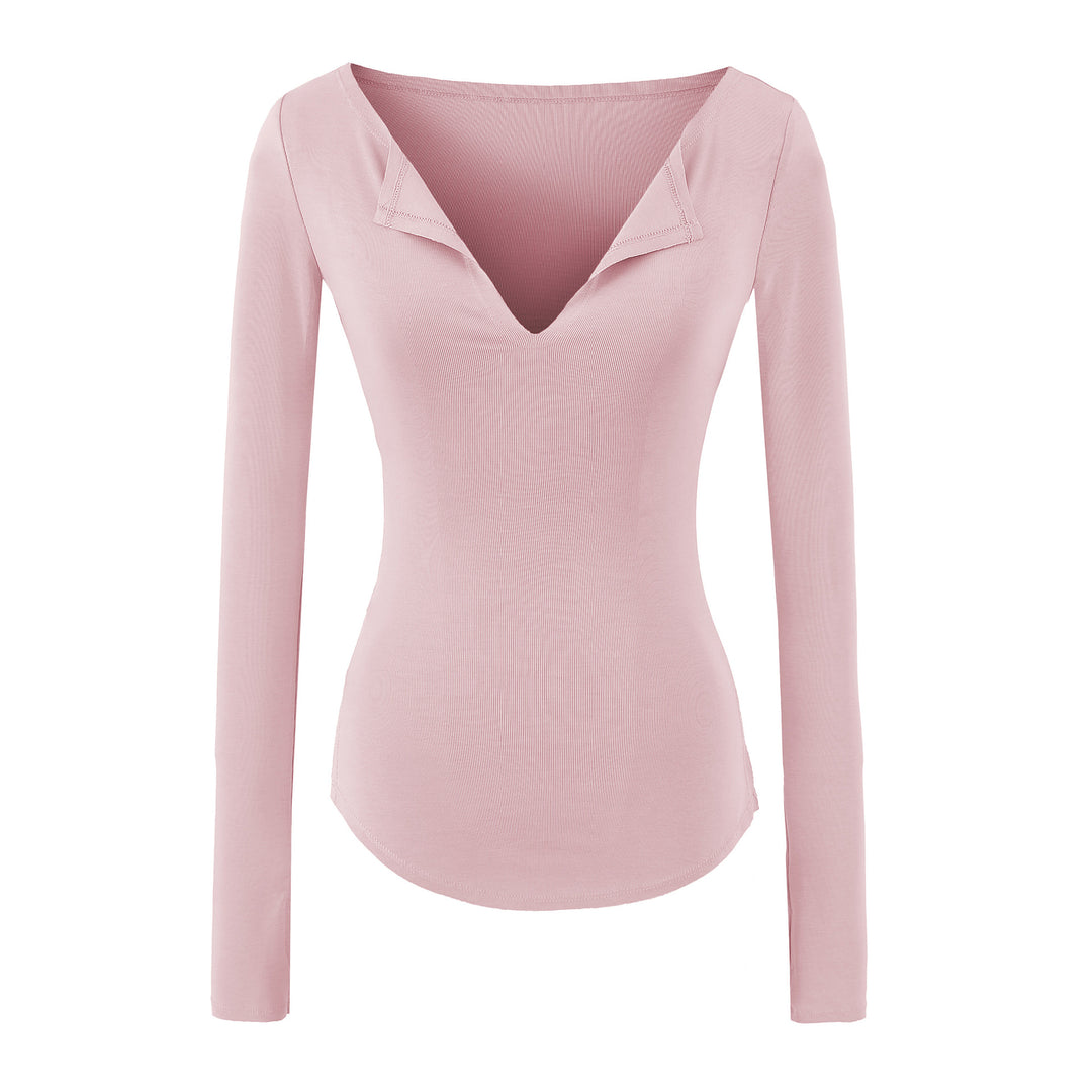 Women's fitted ribbed knit long sleeve with deep V-neck and collar trim Mune Fashion