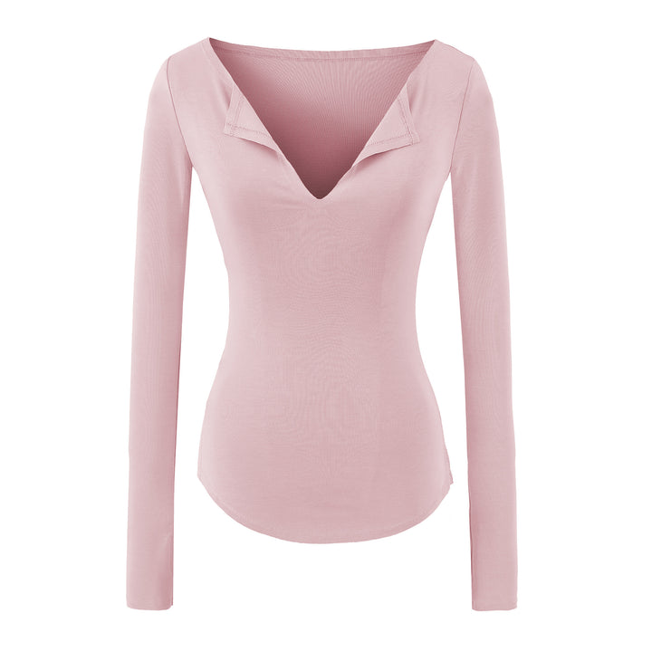 Women's fitted ribbed knit long sleeve with deep V-neck and collar trim Mune Fashion