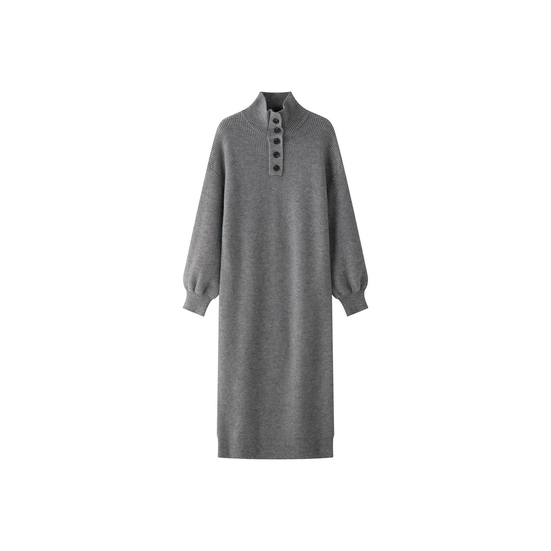 Ladies knit dress with button placket at the stand collar and ribbed texture Mune Fashion