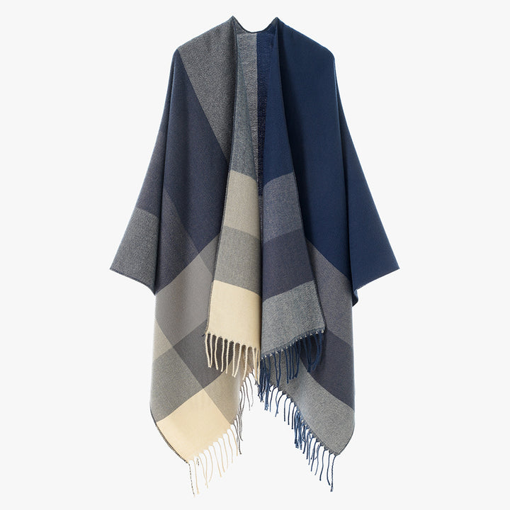 Women's Wool Blend Poncho with Check Pattern and Fringing Mune Fashion