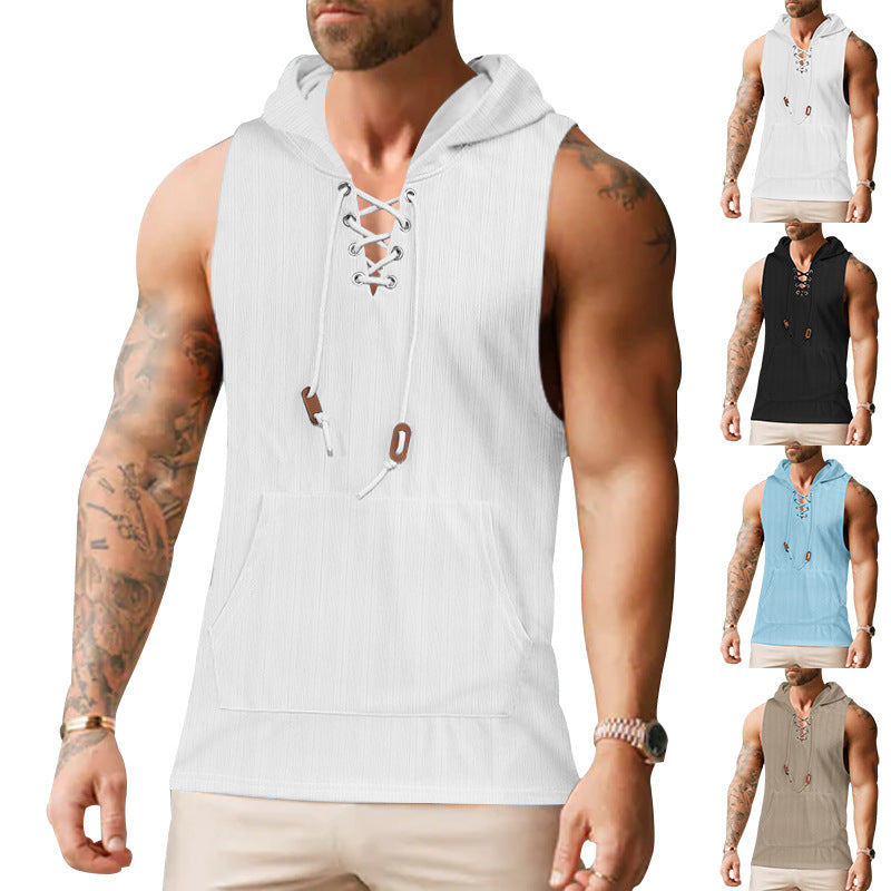 Men sleeveless hoodie sweatshirt with laced collar and kangaroo pocket Mune Fashion