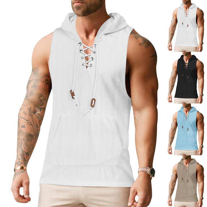Men sleeveless hoodie sweatshirt with laced collar and kangaroo pocket Mune Fashion