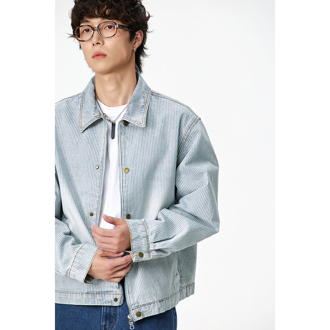 Unisex Striped Oversized Denim Jacket in Worker Style with Stand-Up Collar and Two-Way Zip Mune Fashion
