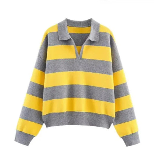 Women's oversized rugby pullover with polo collar, V-neck and wide stripes Mune Fashion
