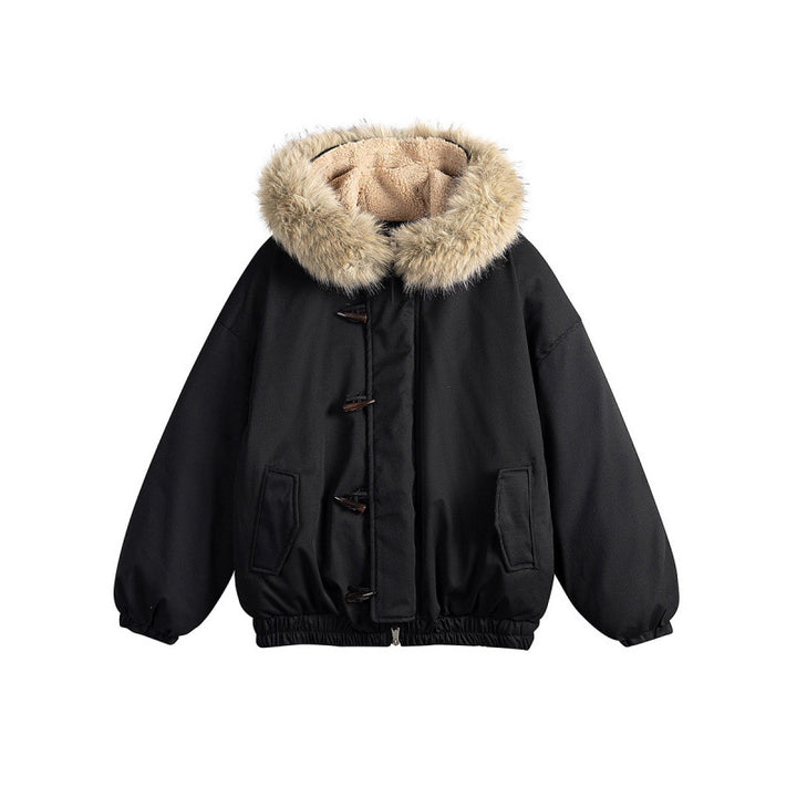 Unisex Padded Hooded Jacket in Boxy Cut with Teddy Lining, Faux Fur Collar and Toggle Closures Mune Fashion