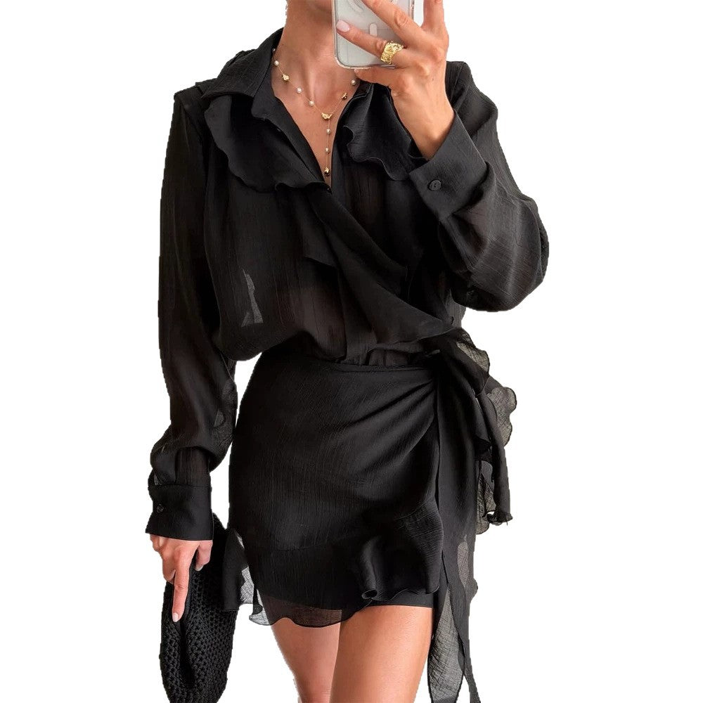 Ladies two-piece fine crinkle chiffon set with shirt blouse and wrap ruffle mini skirt Mune Fashion