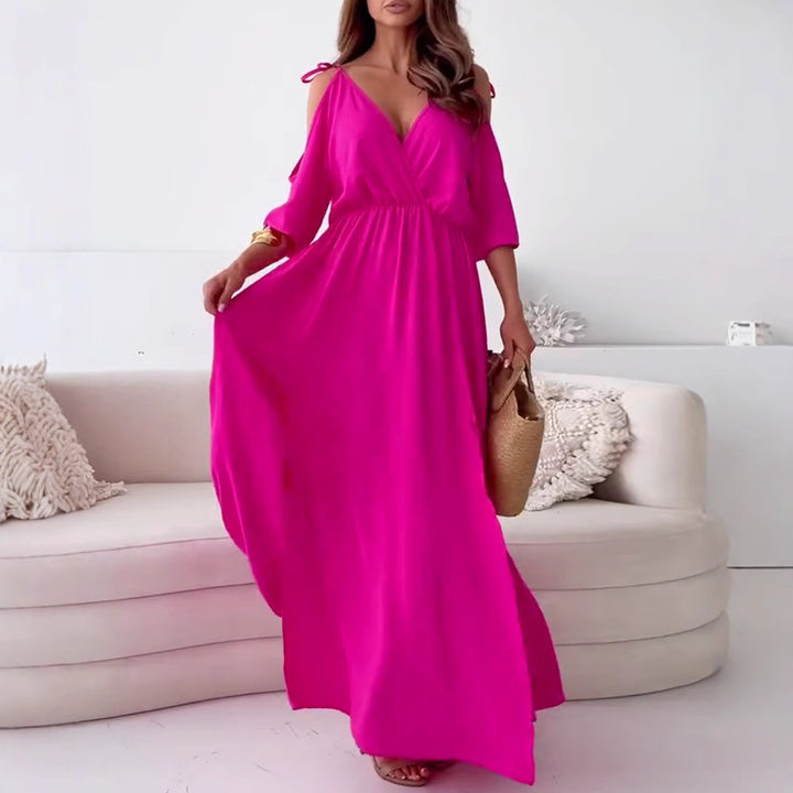 Women nan flowing maxi dress with V drape, off-shoulder strap band, elastic waist yoke and high skirt slit Mune Fashion