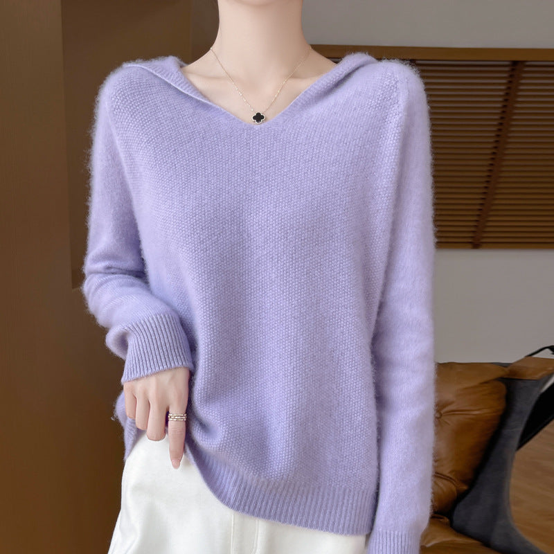 Women's Soft Mohair-Optic Hooded Sweater with V-Neck and Ribbed Hem