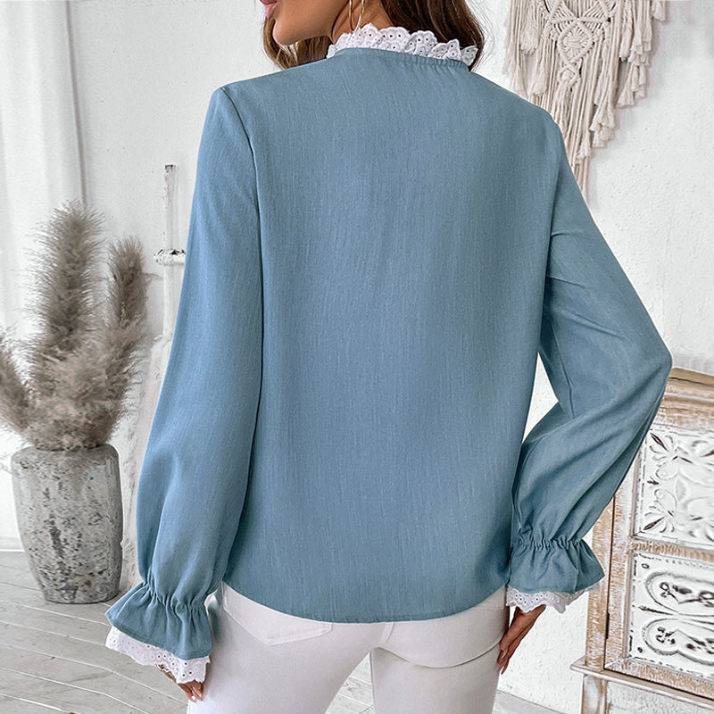 Ladies Romantic Blouse with Crochet Lace Trim and Balloon Sleeves Mune Fashion