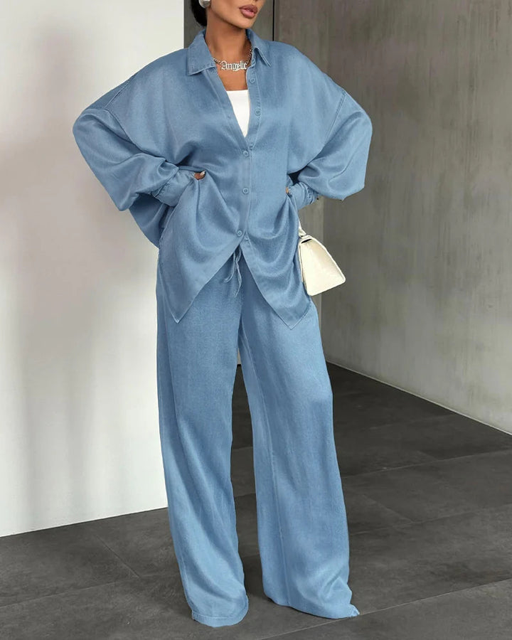 Women's Two-Piece Oversized Shirt and Palazzo Set in Flowing Denim Look Drune