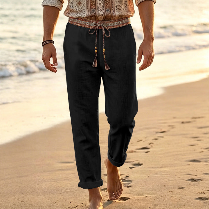 Men's nautical linen lounge pants with decorative ethnic waistband, elastic drawstring, and straight leg Mune Fashion