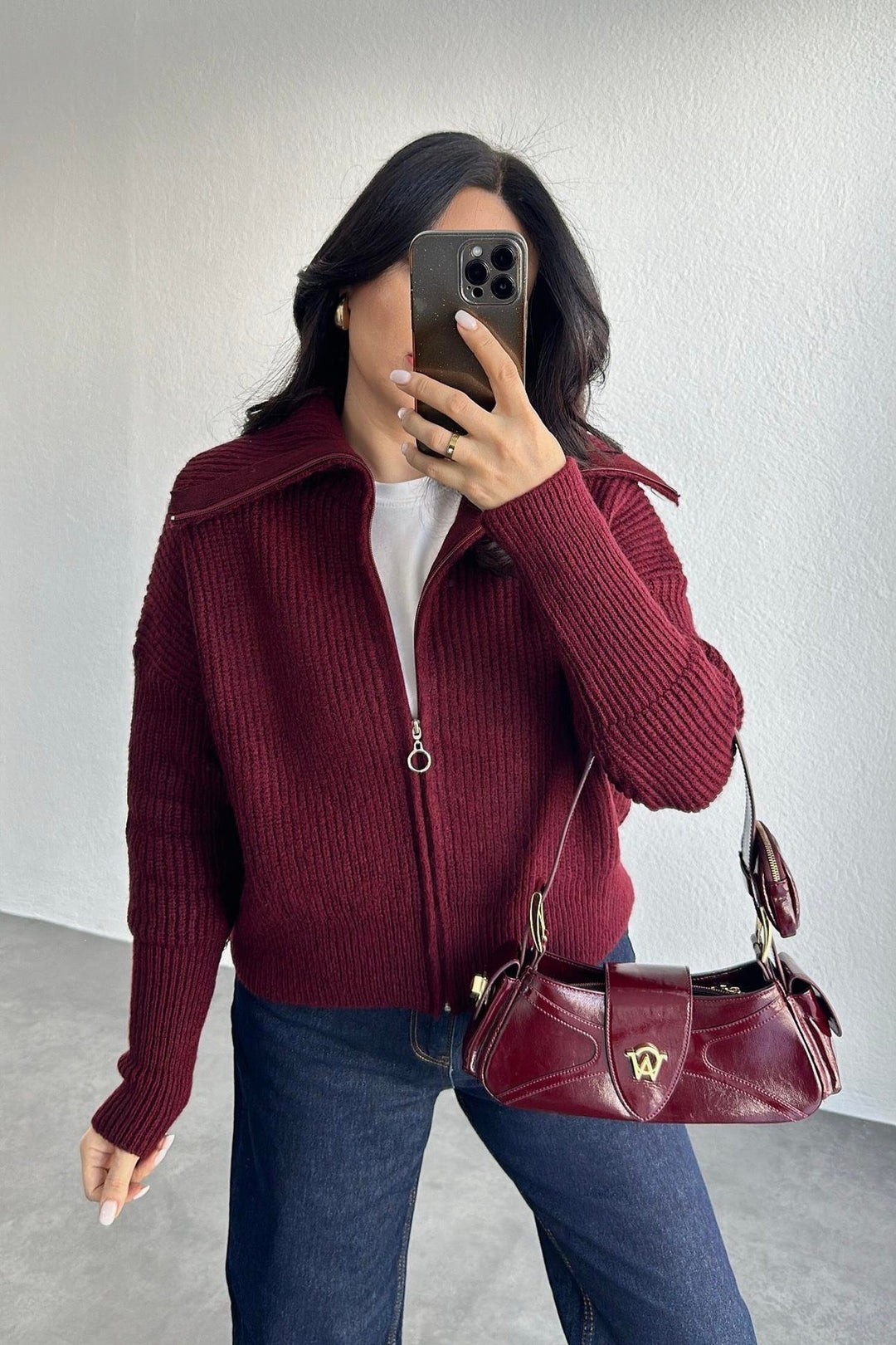 Women's Oversized Cardigan with Zipper and High Collar Mune Fashion