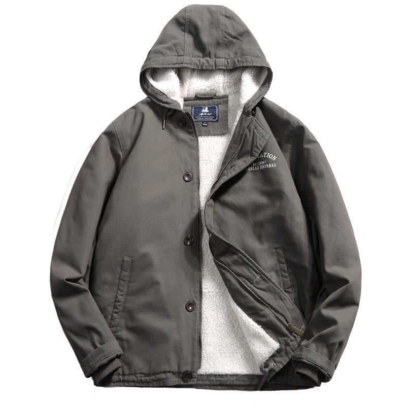 Men's cotton canvas hooded jacket with full teddy lining, concealed button and zipper placket, and inner pocket Mune Fashion