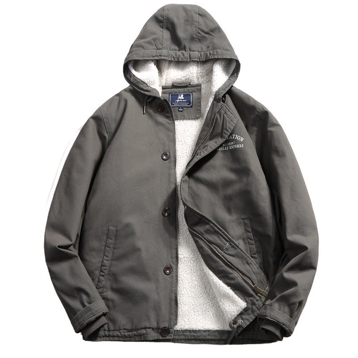 Men's cotton canvas hooded jacket with full teddy lining, concealed button and zipper placket, and inner pocket Mune Fashion