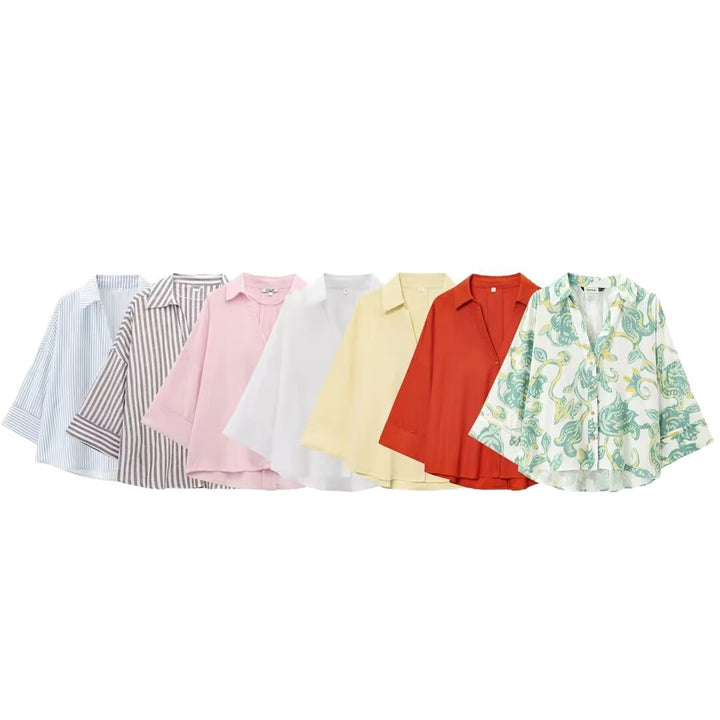 Women's Oversize Viscose Blouse with Three-Quarter Sleeves and Extended Back Hem Mune Fashion