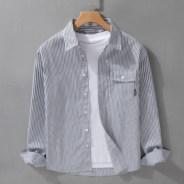 Men's Lightweight Striped Shirt Jacket Overshirt made of Cotton-Linen Blend with Pocket Mune Fashion