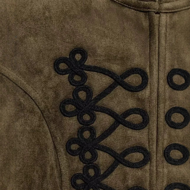 Women's Tailored Cropped Suede Jacket in Military Look with Mandarin Collar and Decorative Cord Applications Mune Fashion