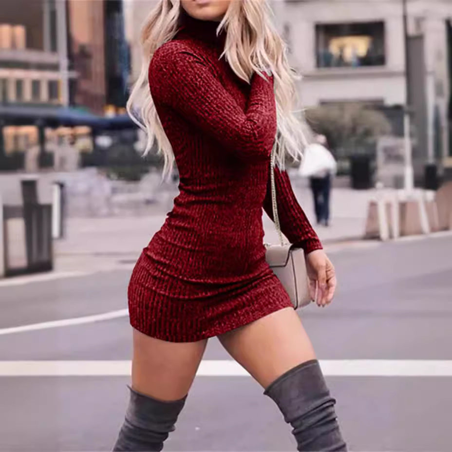 Women’s figure-hugging knitted turtleneck mini dress with ribbed structure Mune Fashion