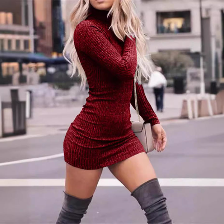 Women’s figure-hugging knitted turtleneck mini dress with ribbed structure Mune Fashion
