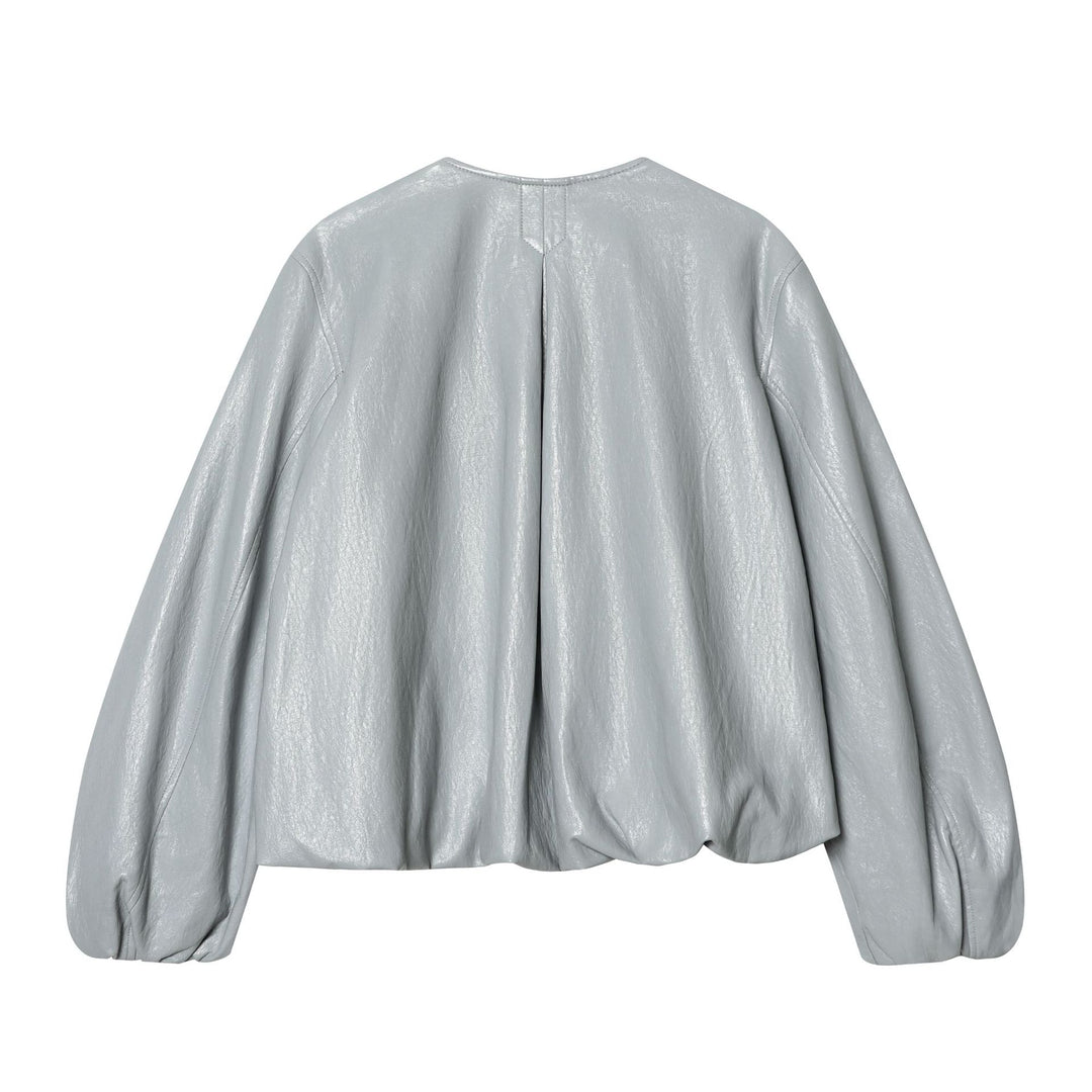 Women nan short shiny oversized bomber jacket with gathered chest yoke and voluminous balloon sleeves Mune Fashion